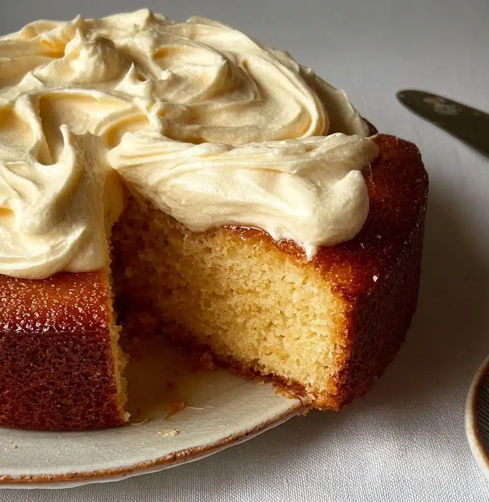 Slice of burnt honey cream and orange cake on a white plate