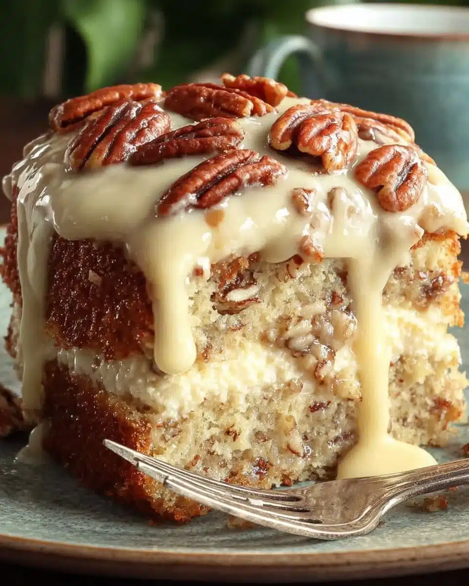 Slice of Butter Pecan Three Milks Cake topped with pecans and whipped cream