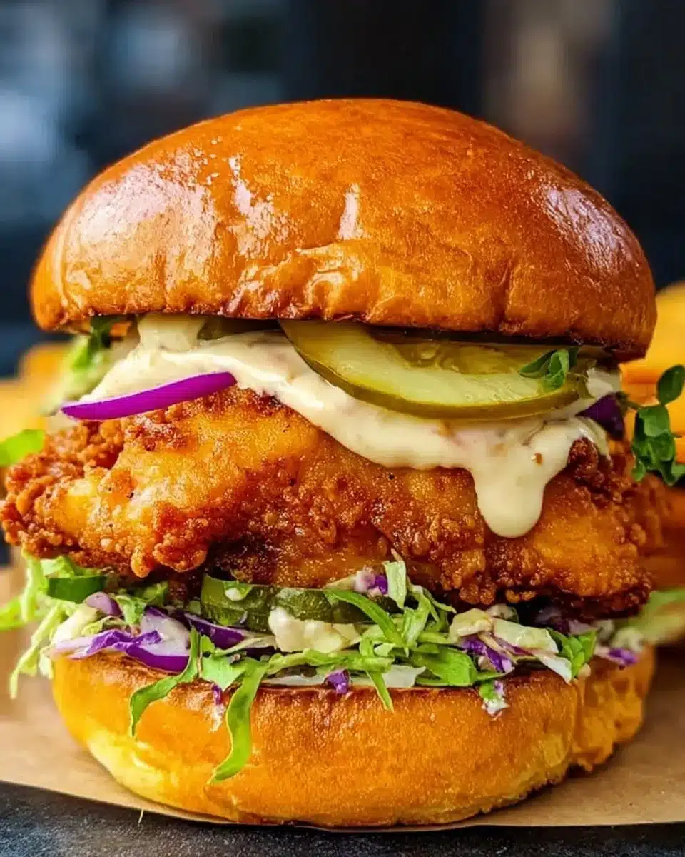 Buttermilk Fried Crispy Chicken Burger with lettuce and sauce