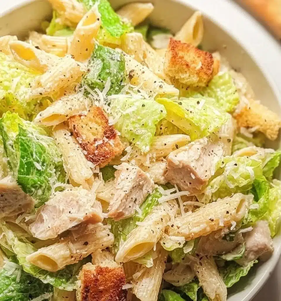 Delicious Caesar Pasta Salad with romaine, croutons, and creamy dressing