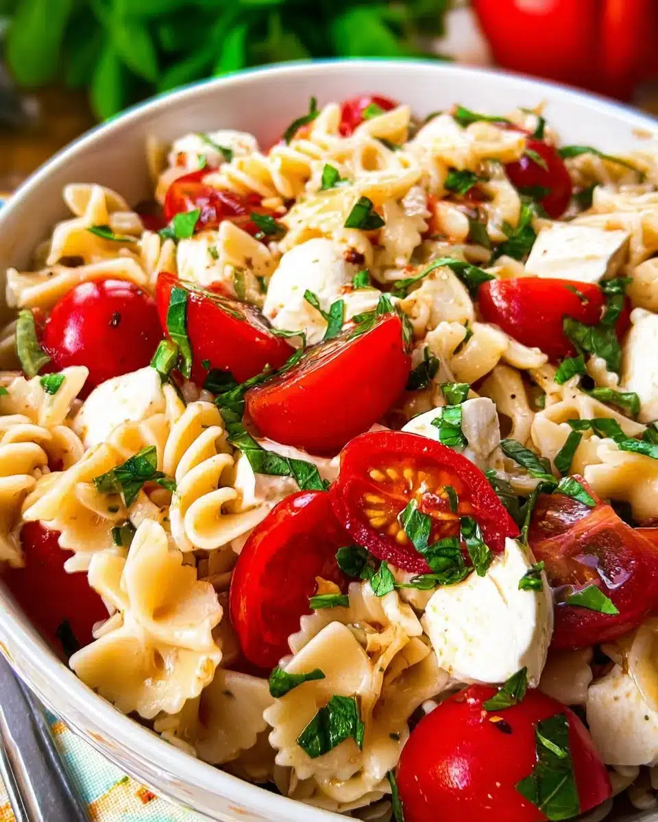 Colorful Caprese Pasta Salad with tomatoes, mozzarella, and basil leaves
