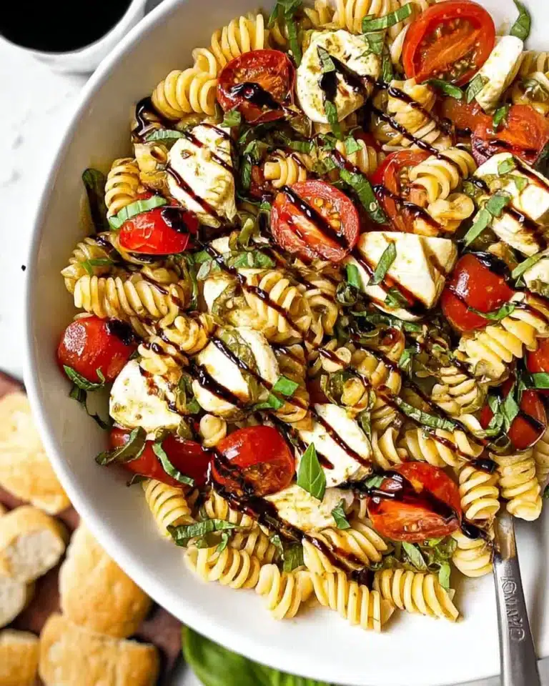 Delicious Caprese Pasta Salad drizzled with balsamic glaze, fresh tomatoes, and basil.