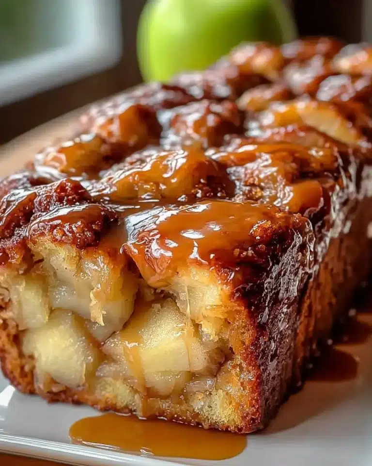 Delicious Caramel Apple Fritter Bread topped with caramel glaze