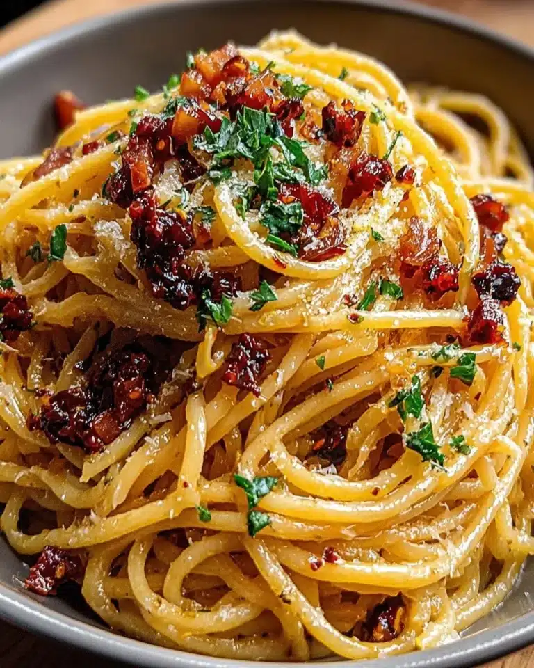 Delicious caramelized onion pasta topped with chili oil and herbs