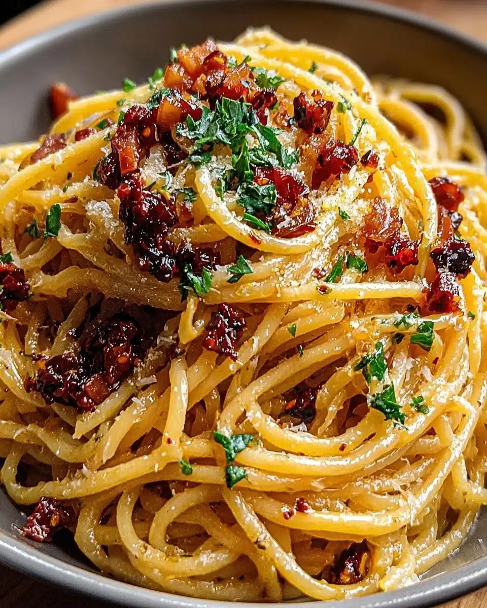 Delicious caramelized onion pasta topped with chili oil and herbs