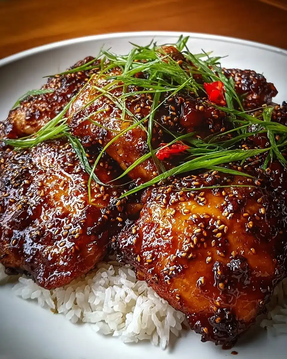Caramelized soy sauce chicken garnished with herbs on a plate