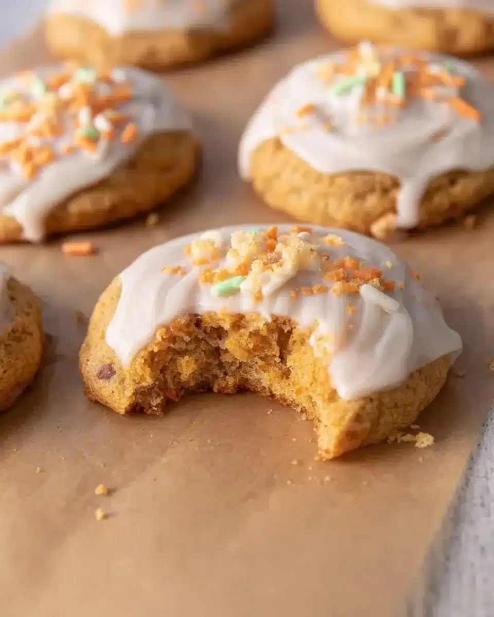 Delicious homemade carrot cake cookies topped with cream cheese frosting.
