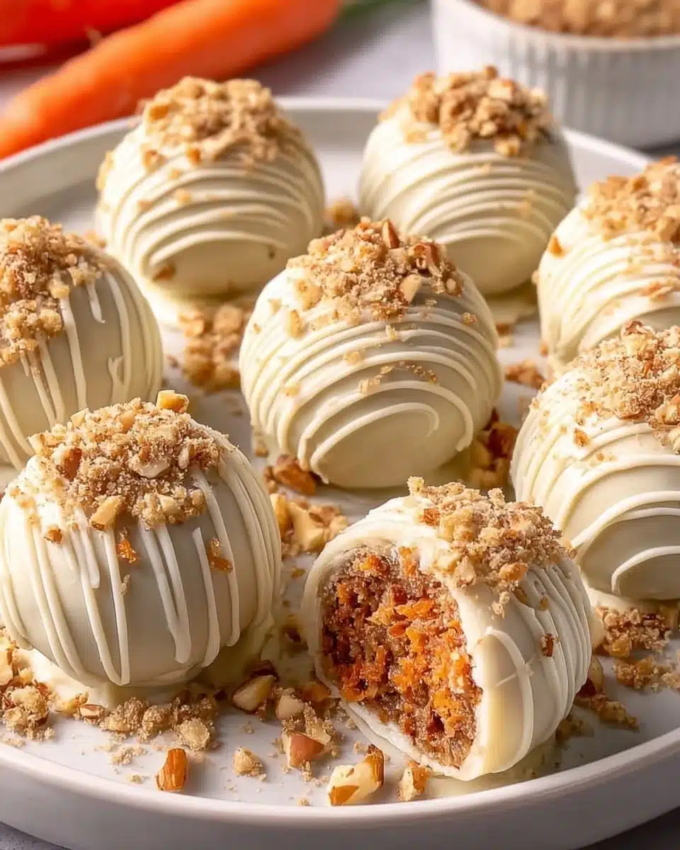 Delicious carrot cake truffles served on a plate, garnished with walnuts.
