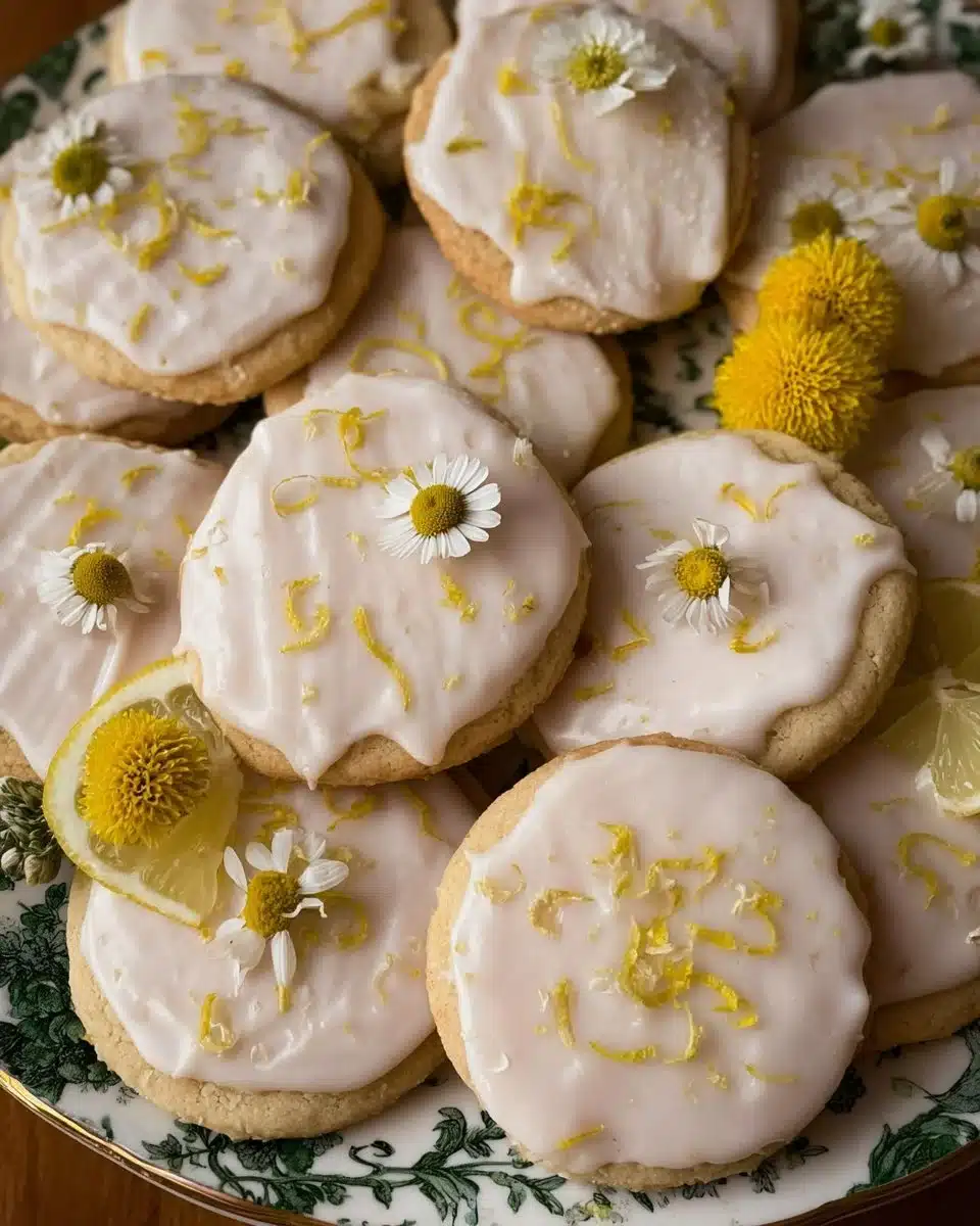 Delicious chamomile cookies topped with fresh lemon icing on a plate.