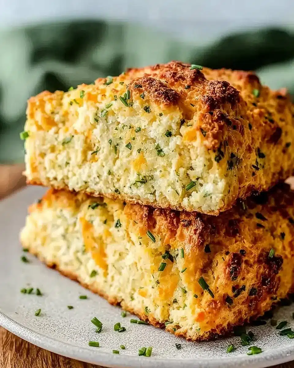 Freshly baked Cheddar and Chive Irish Soda Bread on a wooden cutting board.