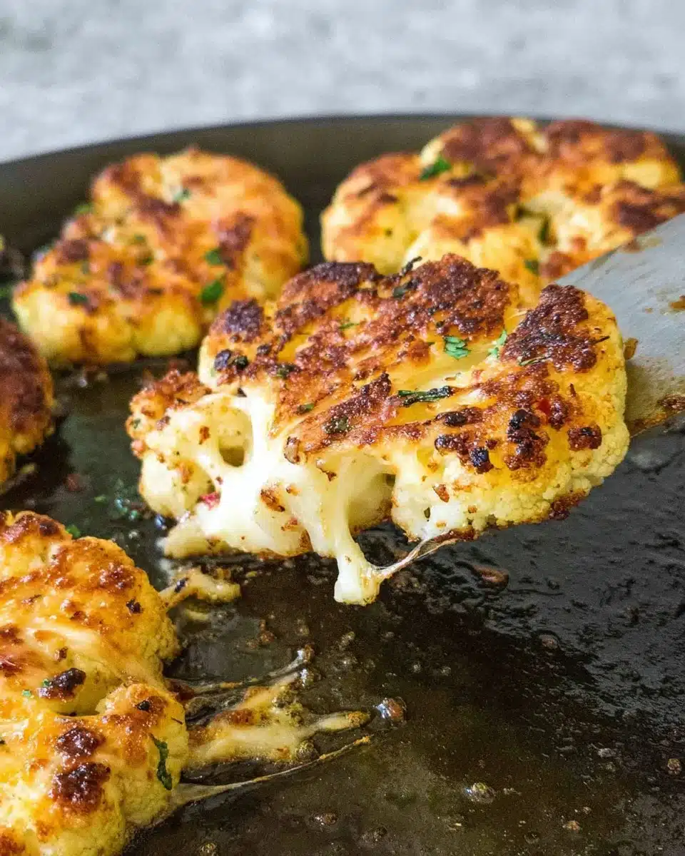 Cheesy cauliflower steaks grilled to perfection, topped with melted cheese