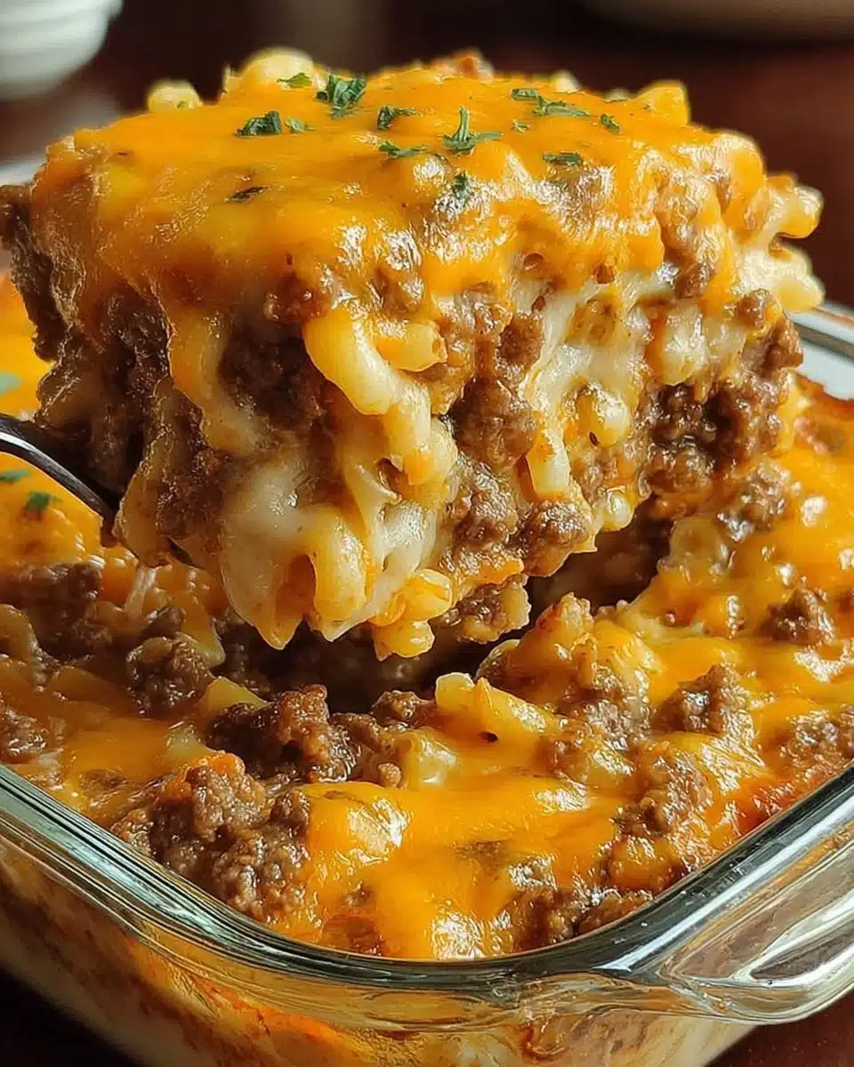 Cheesy hamburger casserole baked dish with ground beef and cheese topping