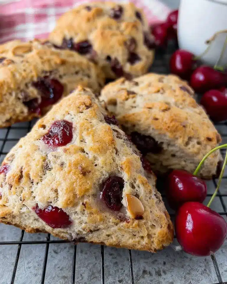 Freshly baked Cherry Almond Scones with cherries and almonds on a plate