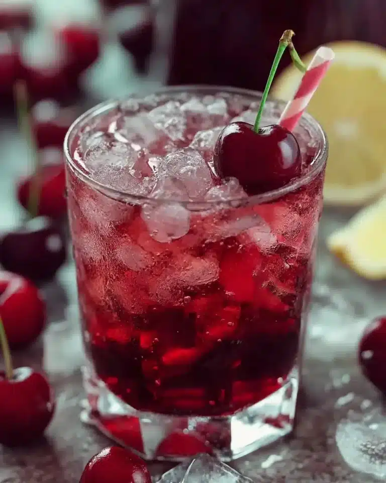 A glass of Cherry Pie Iced Tea garnished with cherries and mint leaves.