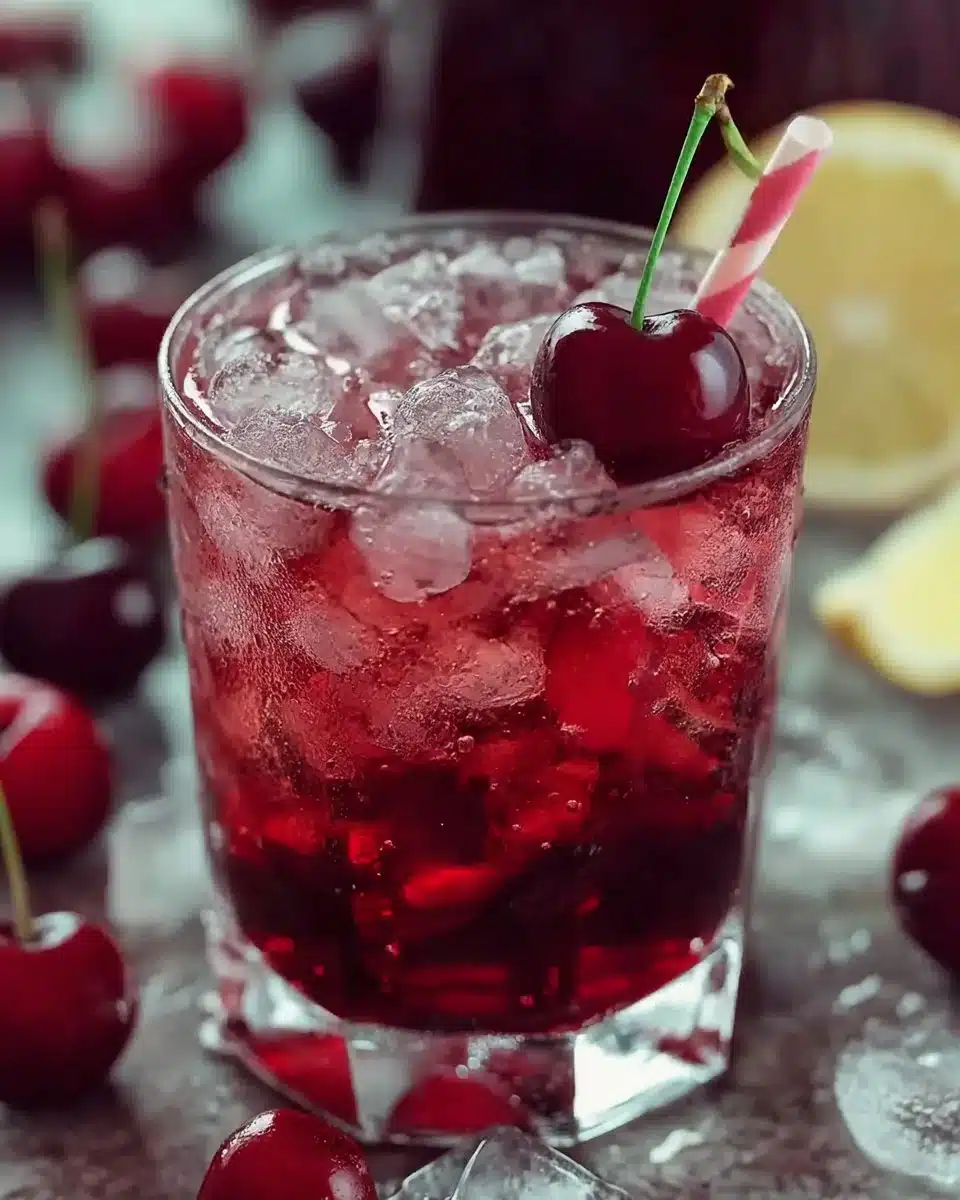 A glass of Cherry Pie Iced Tea garnished with cherries and mint leaves.