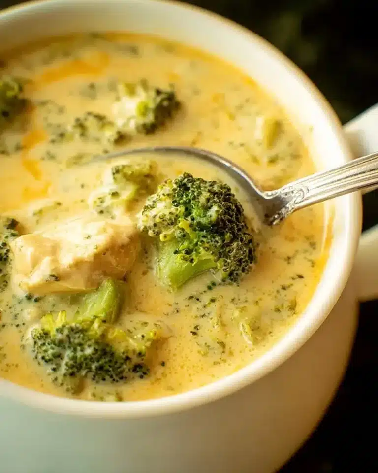 Bowl of delicious Chicken and Broccoli Soup with fresh ingredients