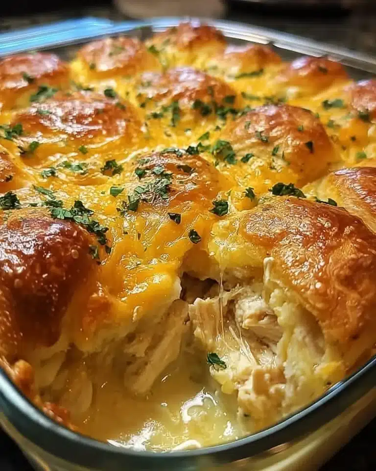 Delicious Chicken Crescent Roll Casserole topped with golden crescent dough.