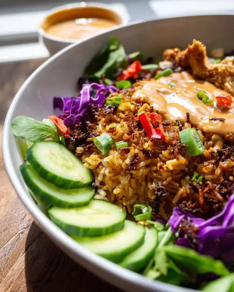 Chicken Crispy Rice Salad topped with peanut dressing and fresh vegetables