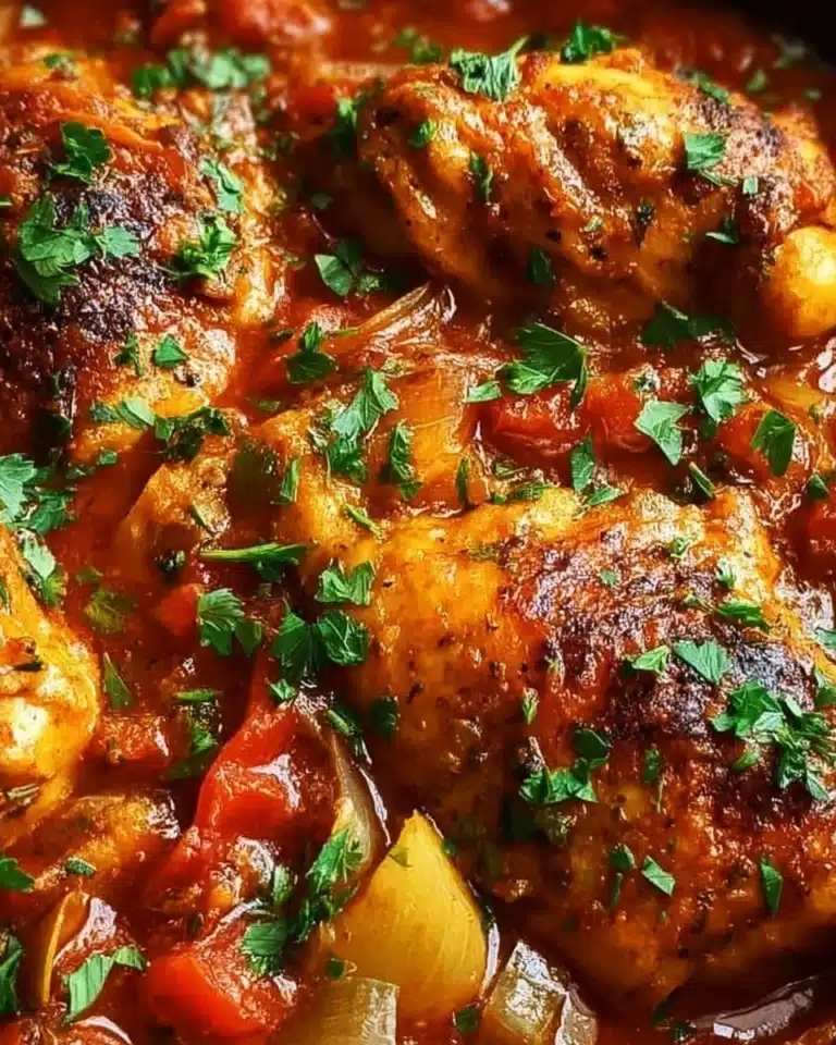Delicious Chicken Marengo with herbs, tomatoes, and garlic served on a plate