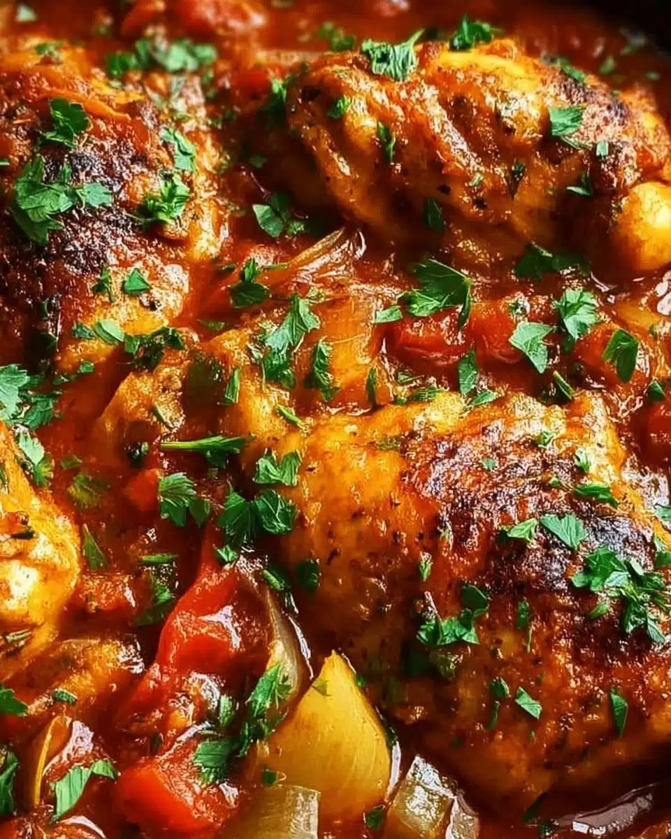 Delicious Chicken Marengo with herbs, tomatoes, and garlic served on a plate