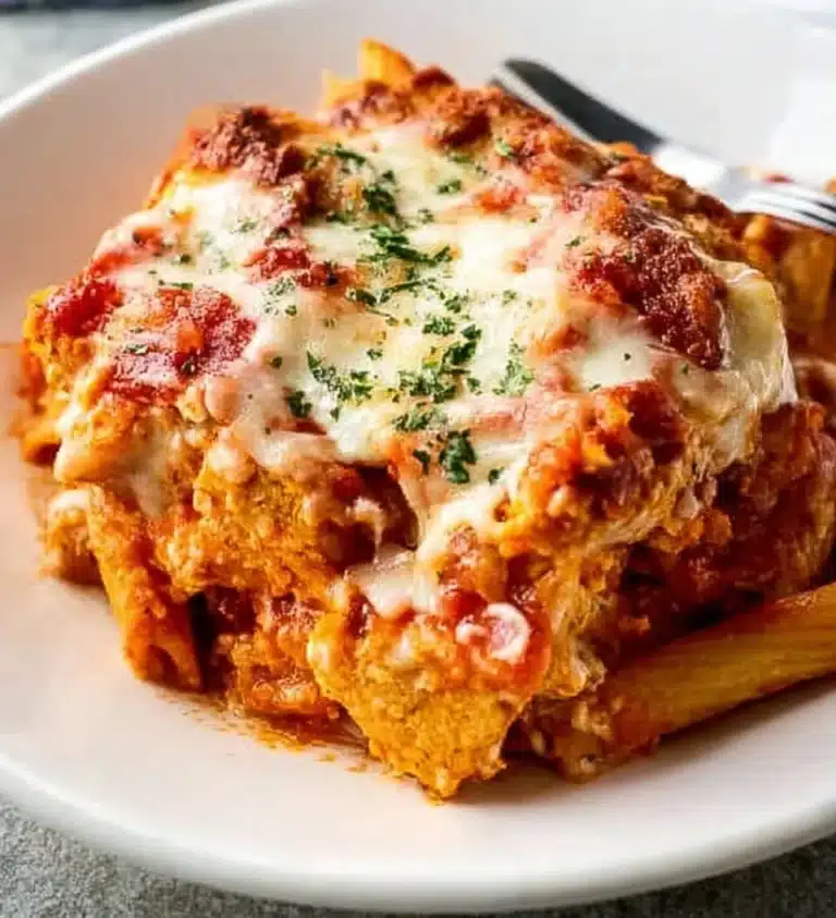 Delicious Chicken Parmesan Casserole topped with melted cheese and herbs