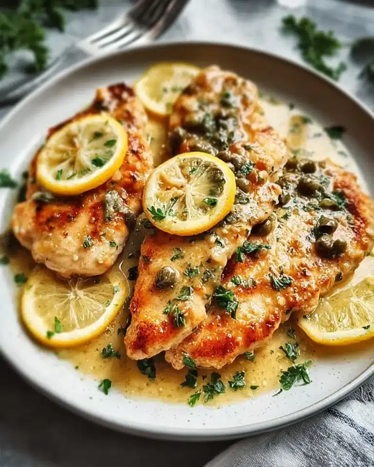 Plate of Chicken Piccata with lemon slices and capers garnished.