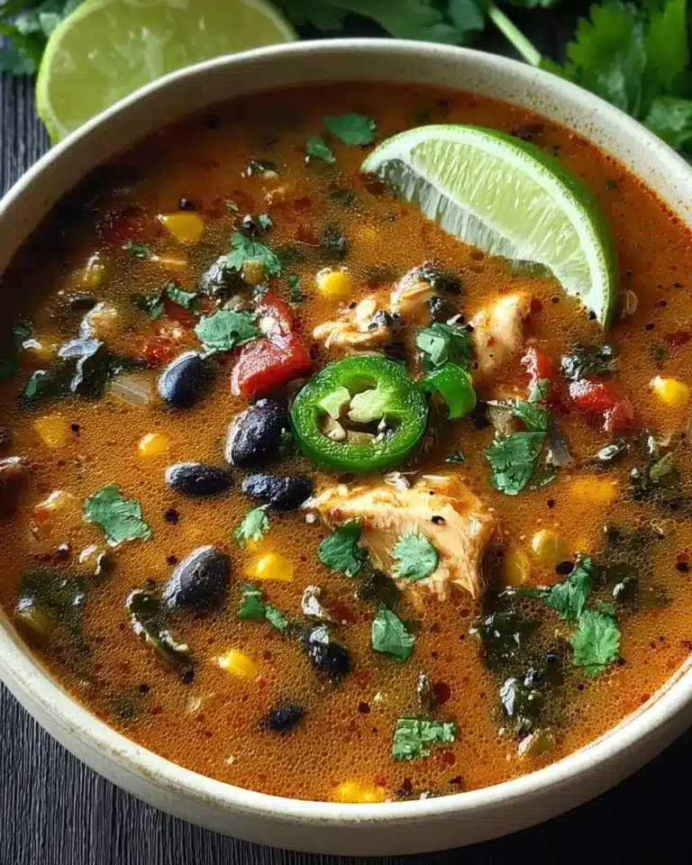 Delicious Chicken Poblano and Black Bean Soup garnished with fresh cilantro.
