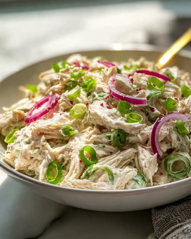 Delicious chicken salad with fresh vegetables and herbs served on a plate.