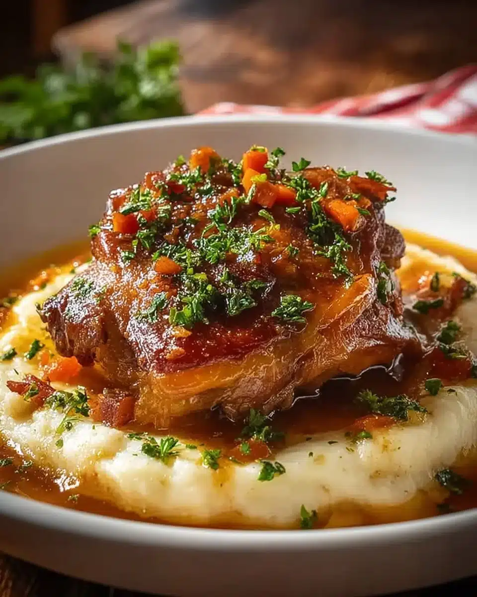 Delicious Chicken Thigh Osso Bucco served with vegetables and herbs.