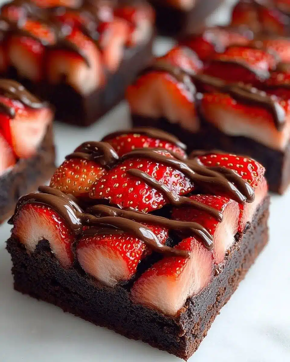 Delicious Chocolate Covered Strawberry Brownies with strawberries on top
