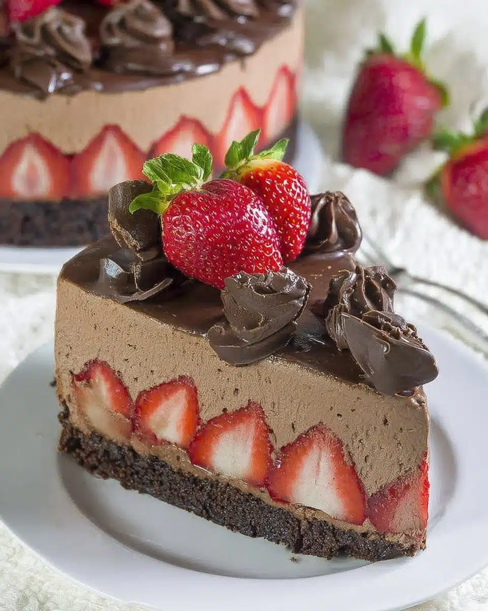 Decadent Chocolate Strawberry Mousse Cake layered with rich chocolate and fresh strawberries