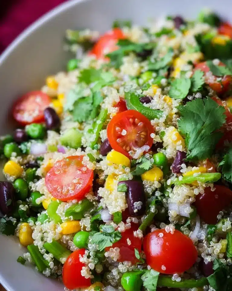 Bowl of Cilantro Lime Quinoa Salad with fresh veggies and lime dressing