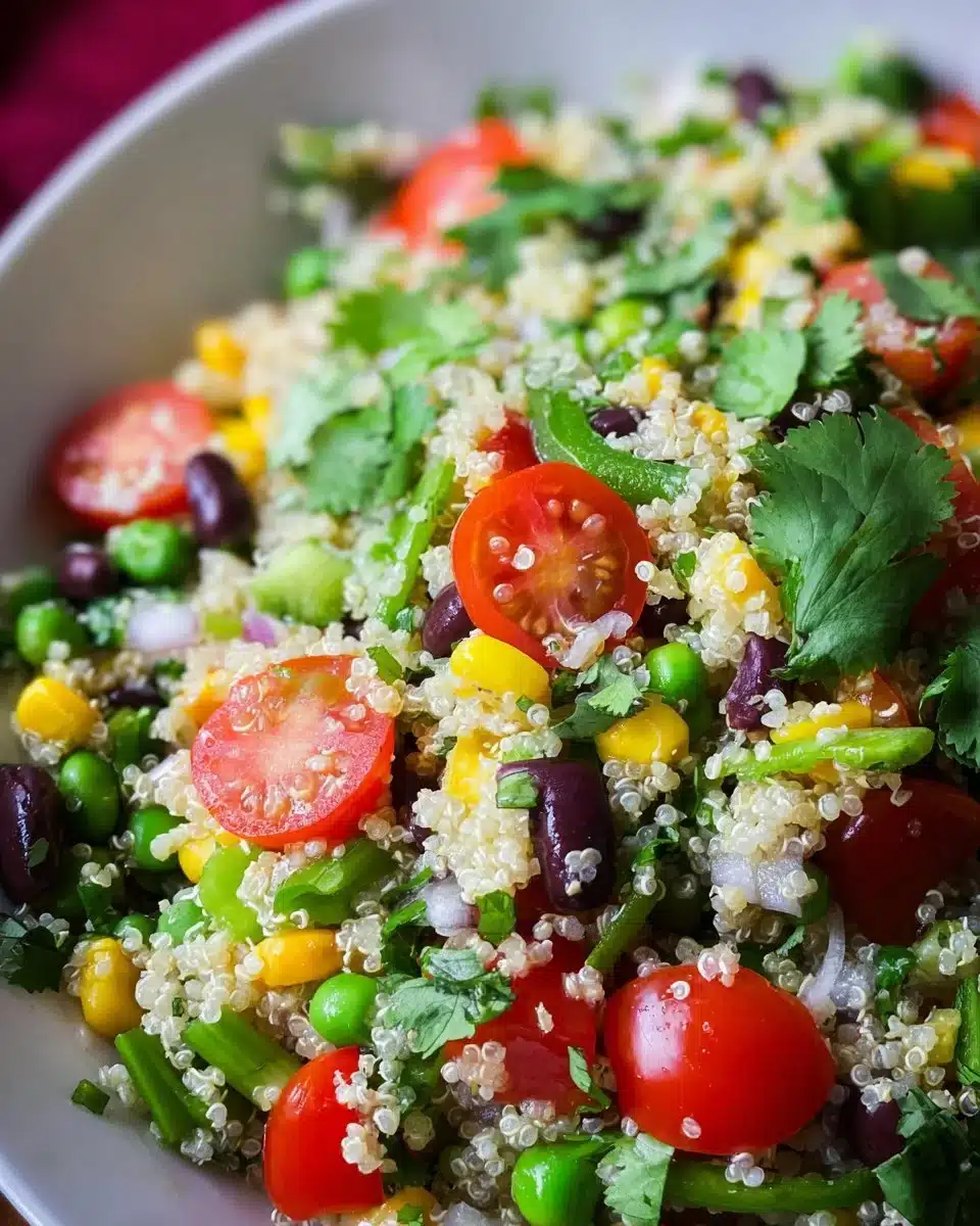 Bowl of Cilantro Lime Quinoa Salad with fresh veggies and lime dressing