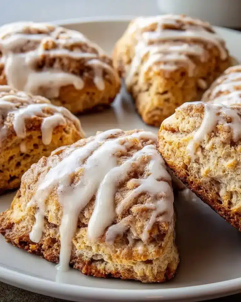 Freshly baked cinnamon bun scones with a drizzle of icing on top.
