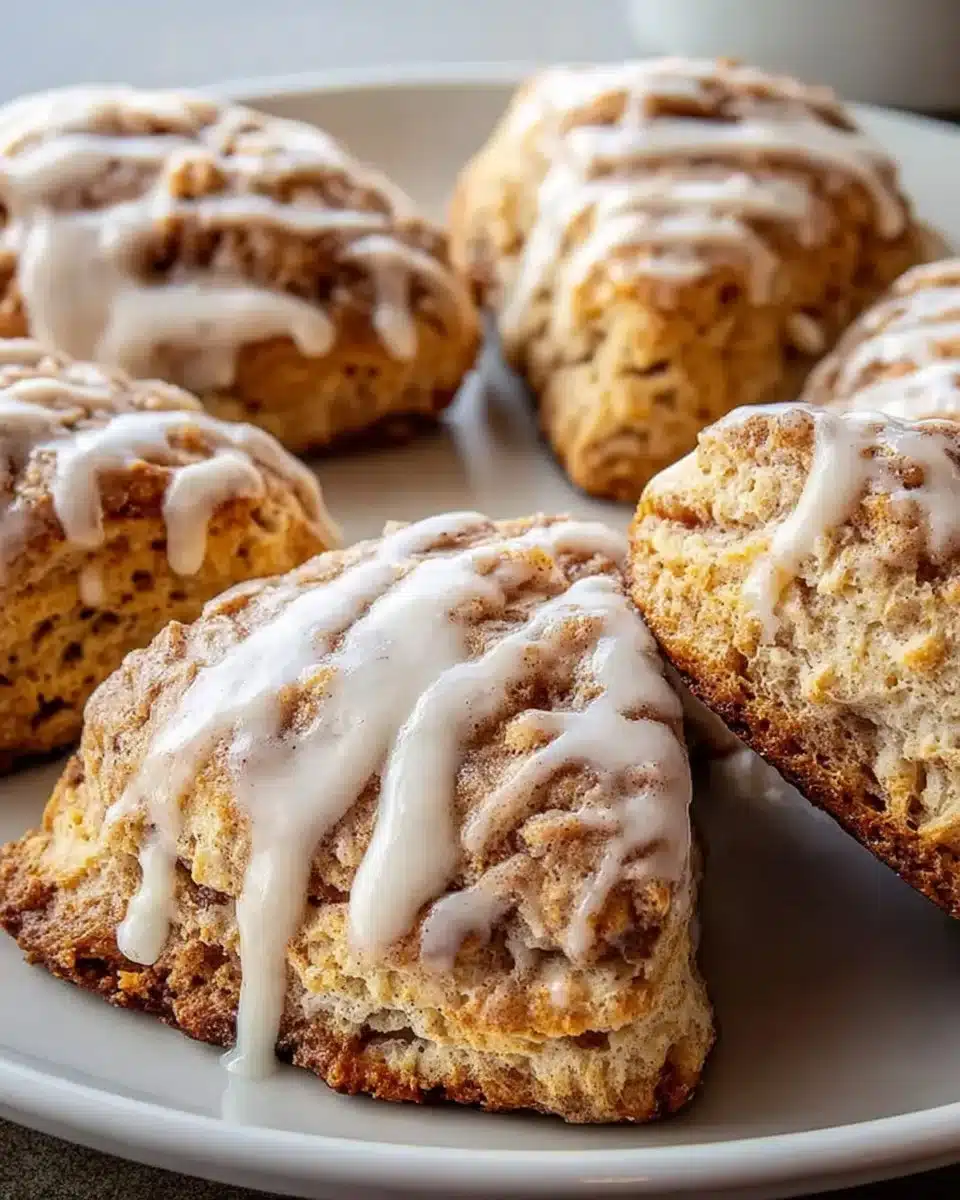 Freshly baked cinnamon bun scones with a drizzle of icing on top.