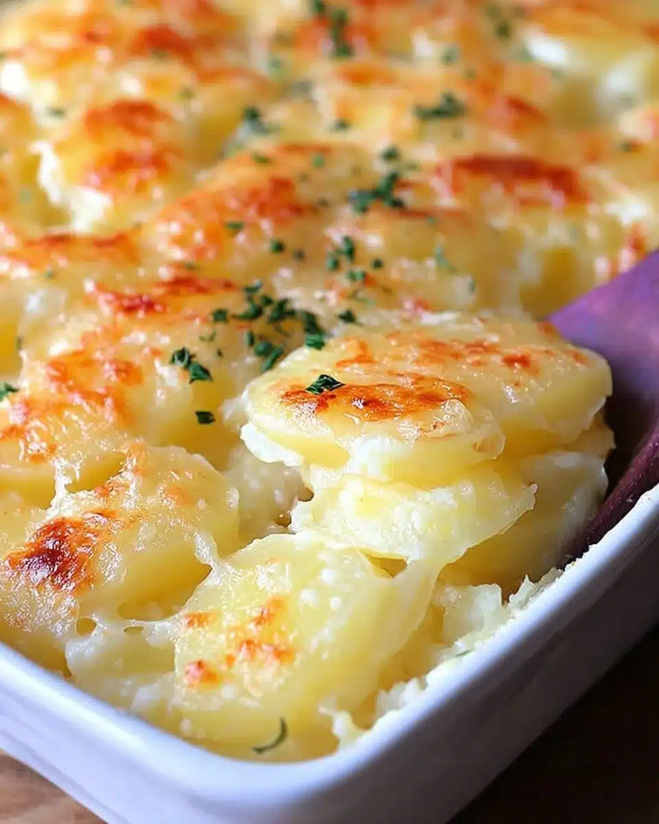 Plate of Classic Delmonico Potatoes served with herbs and spices
