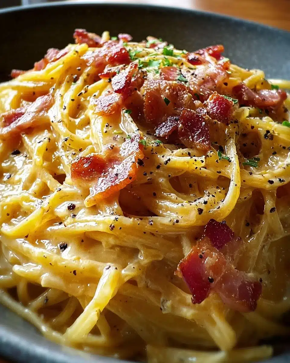 Delicious plate of classic Pasta Carbonara with cheese and pancetta