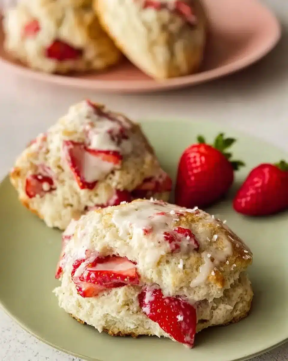 Freshly baked classic strawberry vanilla bean scones on a cooling rack.