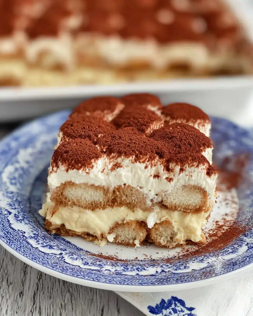 Delicious classic tiramisu with layers of coffee, mascarpone cheese, and cocoa powder
