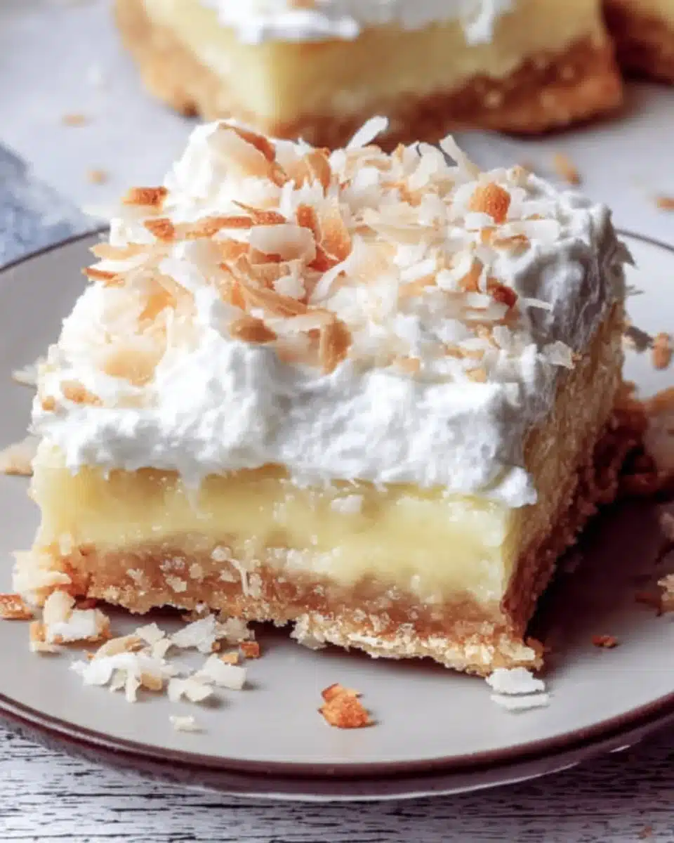 Delicious homemade Coconut Cream Bars with creamy coconut topping.