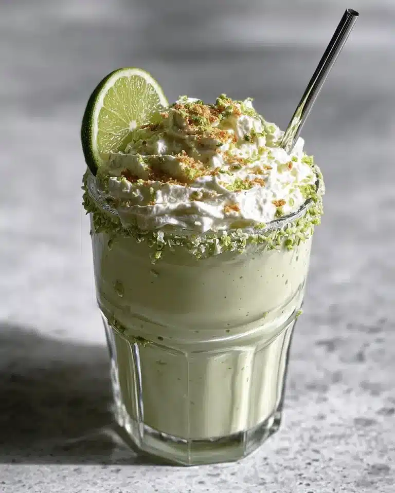 Delicious Coconut Key Lime Pie Smoothie topped with lime zest and coconut flakes