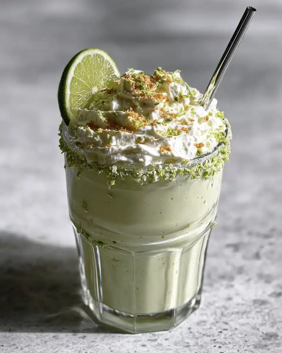 Delicious Coconut Key Lime Pie Smoothie topped with lime zest and coconut flakes