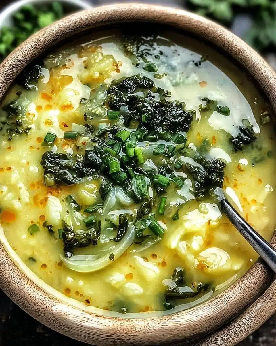 Bowl of creamy Colcannon Soup with potatoes and greens garnished with herbs.