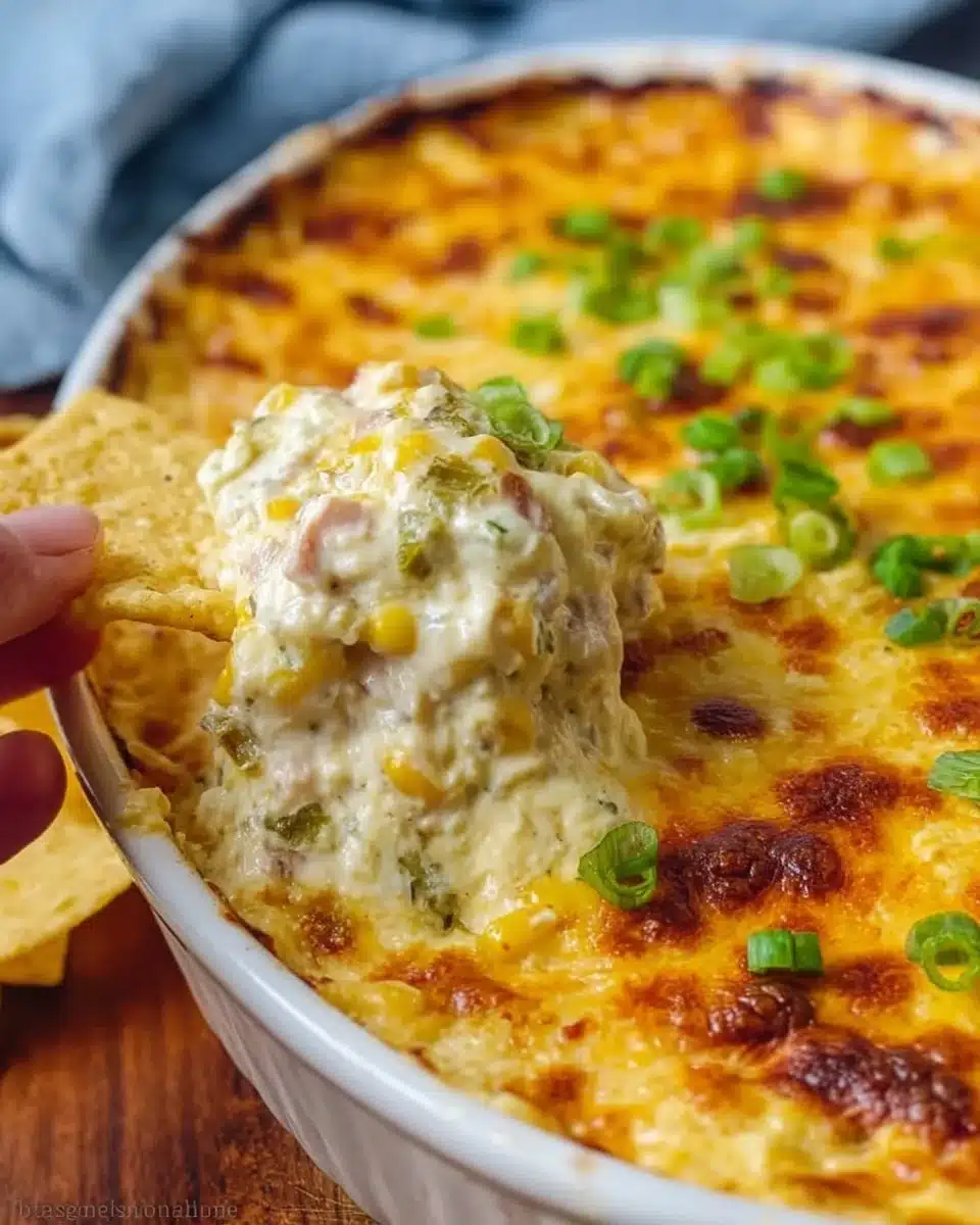 Delicious corn dip served in a bowl with tortilla chips for dipping