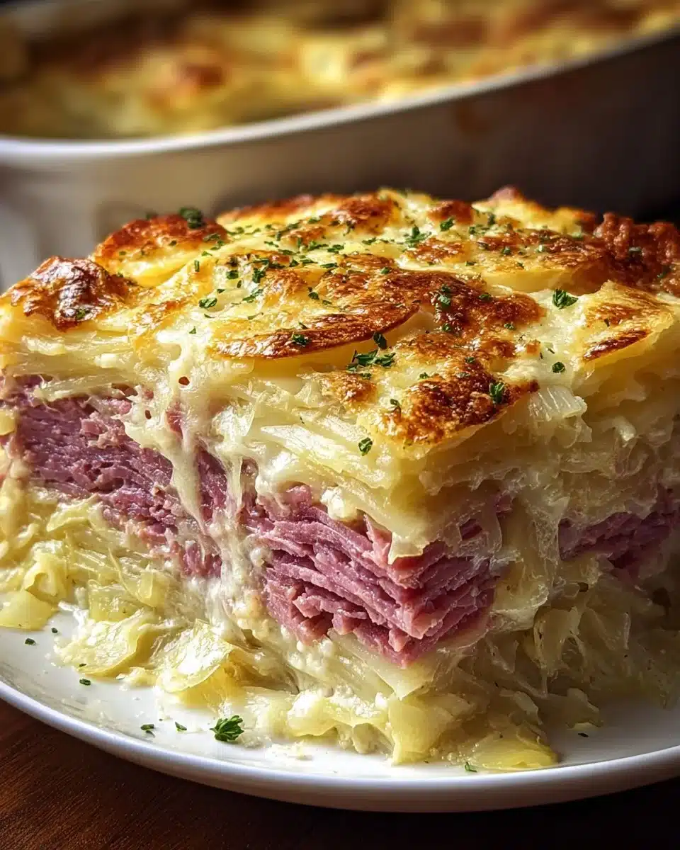 Delicious corned beef and cabbage casserole served with a side of bread