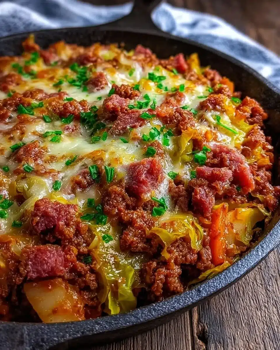 Delicious corned beef and cabbage skillet dish garnished with herbs.