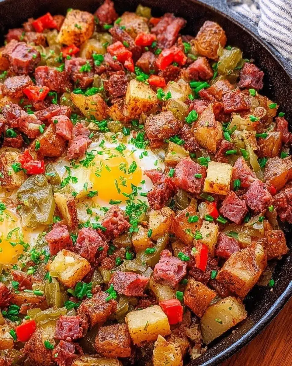 Plate of savory corned beef hash with potatoes and eggs