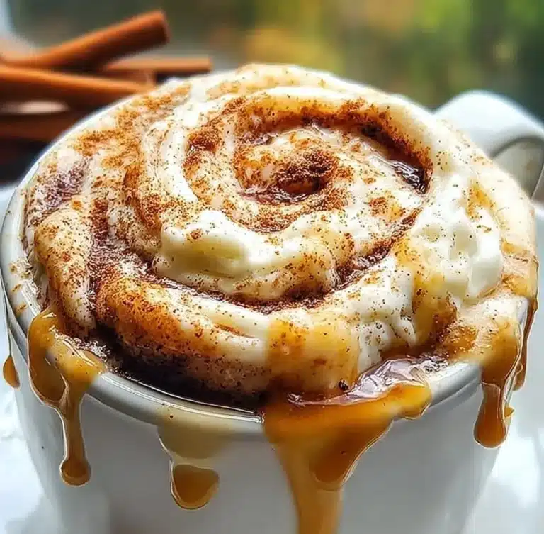 Cottage Cheese Cinnamon Roll Mug Cake in a mug on a table