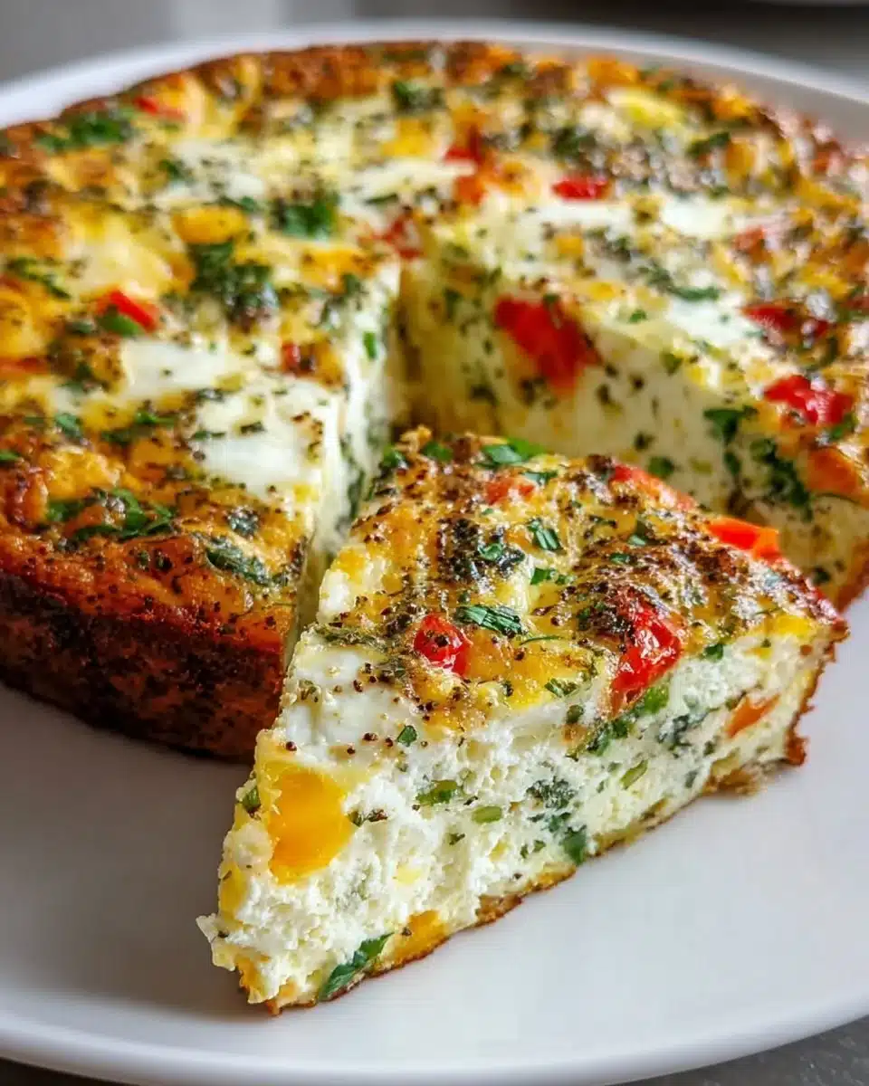 Delicious cottage cheese crustless quiche served on a plate.