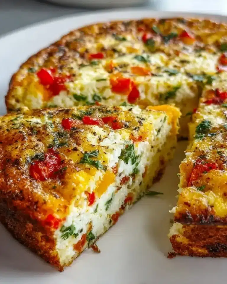 Cottage Cheese Crustless Quiche served on a plate with fresh herbs